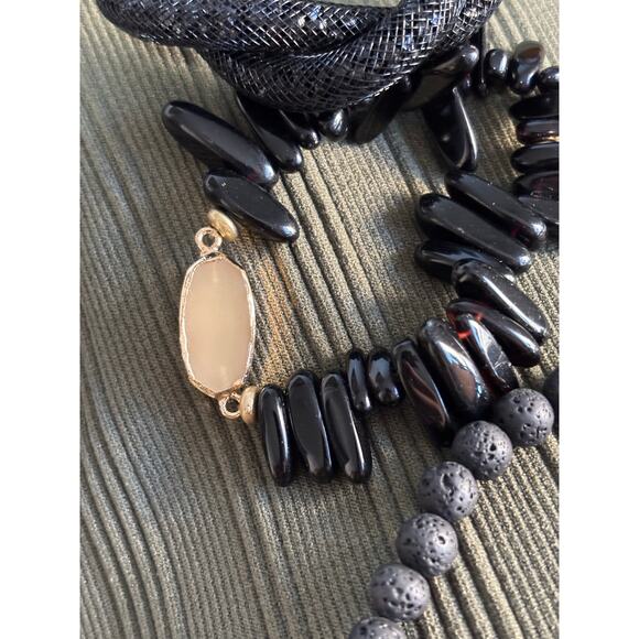 Plunder 3 Bracelets Black Elastic Beaded Charm Stackable BOHO Glam Layered - Picture 3 of 8